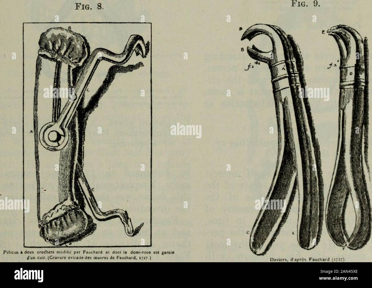 Il cosmo dentale . 1, leva Dritta. 2, corpo di un pellicano con uncini  intercambiabili defuori i suoi ganci. Pelicano a doppio uncino modificato  da Fauchard.[vol. Xlix.-91] Forceps 1242 il COSMOS DEXTAL.