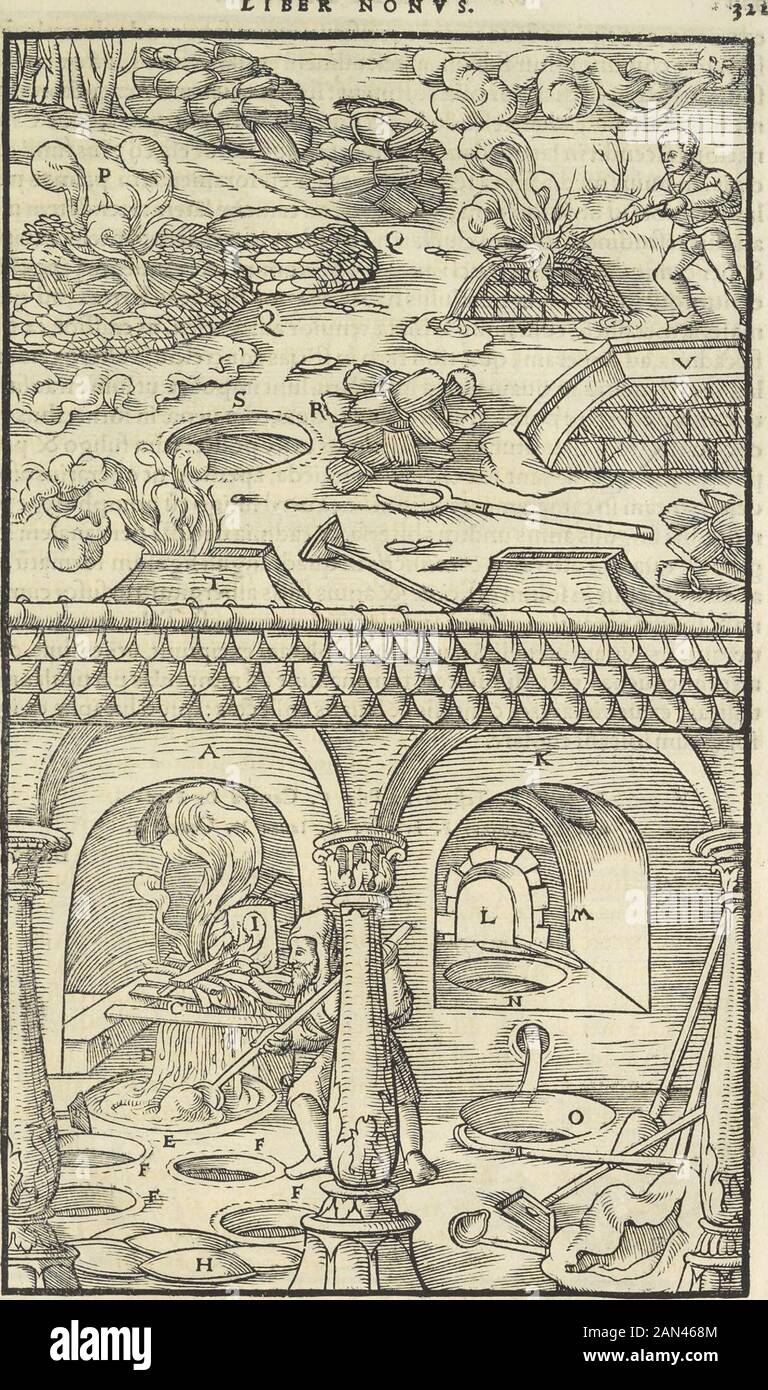 Georgii agricole De re metallica : libri XIIQuibus officia, strumententa, machinae, ac omnia deni[que] ad metallicam spectantia, non modo lupulentissimè describuntur, sed & per effigies, suis locis infertas, adiunctis latinis, germanicis [que] appellationbus ita ocutur unint lout sexus; Eiusdem De animantibus subterraneis liber, . parte plana collocant magna ligna:eiscjj parua fuperimponunt luto in*teripfa interiecto:quibus tenuialignorum refegminafuperinfjciut, atcp eisrurfus uam plumbi puram, eamq cotufis lufis lufis lufis lufis lufis lufis lufis lufis lufis lufis lufis lufis lufis lufus Foto Stock