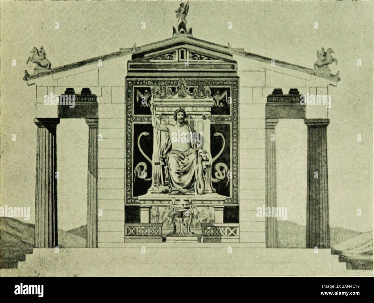 I templi e il rituale di Asklepios a Epidauros e AthensTwo conferenze tenute presso la Royal Institution of Great Britain . ? ?????MMPIASTRA Jmj V- Restauro o parte o Abaton e o Tempio o Asklepio (Defrasse) All'Interno del tempio si trovava, come mostrato in disegno Defrasses, Piatto VI, la grande statua di Criselephantine di Asklepios madeby Thrasymedes di Paros, un'opera in qualche modo simile alla figura del Partenone, o il vasto Zeus di Olimpia, o l'era atthe Ardare Herason ; la carne era avorio, il resto dorato splendidamente smaltato nei colori. Tante piccole repliche di ASKLEPIOS A EPIDAUROS E Atene J questo Foto Stock