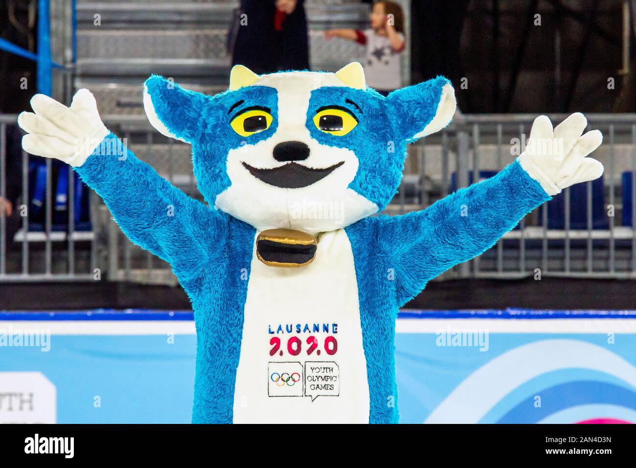 Losanna, Svizzera. 15th gennaio 2020. Yodli, la mascotte ufficiale dei Giochi Olimpici invernali di Losanna 2020, presso l'Arena di pattinaggio di Losanna. Credito: Iain Mcguinness / Alamy Live News Foto Stock