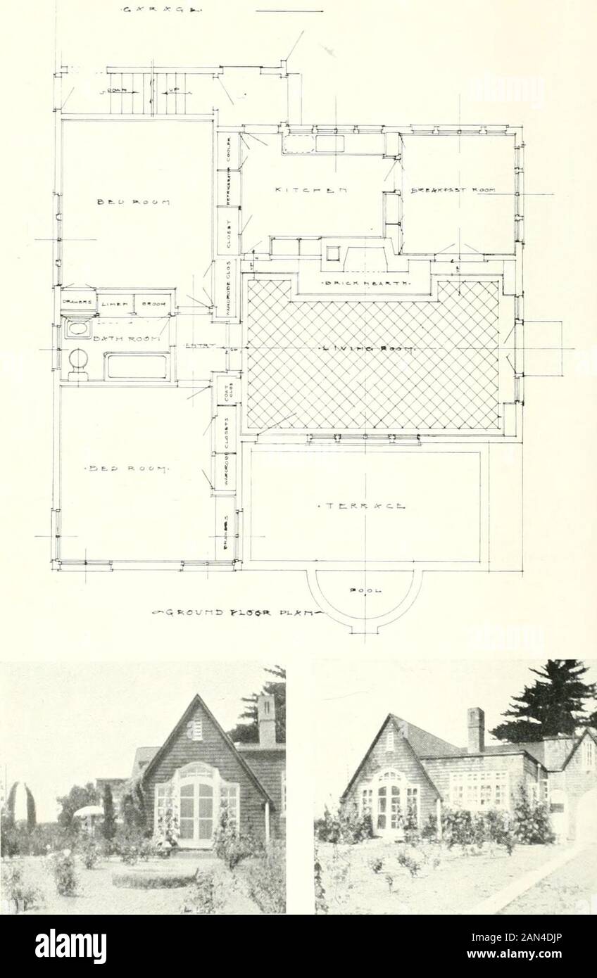 Architetto e ingegnere . ed dal sig. John Stafford White, TunnelRoad, a Walnut Creek, California, per il sig. E la sig.ra Edward RawsonPeck. Mentre l'esterno di questa casa, fatto in scandole, con il pittoresco, alto-acuto tetto spiovente, un po 'caratteristico di tlie ben noto stile cottage inglese, è ampiamente soddisfacente, è francamente e logicamente ex-preme un piano veramente utilitaristico e vivibile. Il soggiorno, all'interno del quale quattro pareti la vita dei familyabounds, è una stanza attraente di proporzioni ragionevoli e soddisfacenti, con un focolare aperto in mattoni sollevato dodici pollici sopra un quarryti inglese Foto Stock