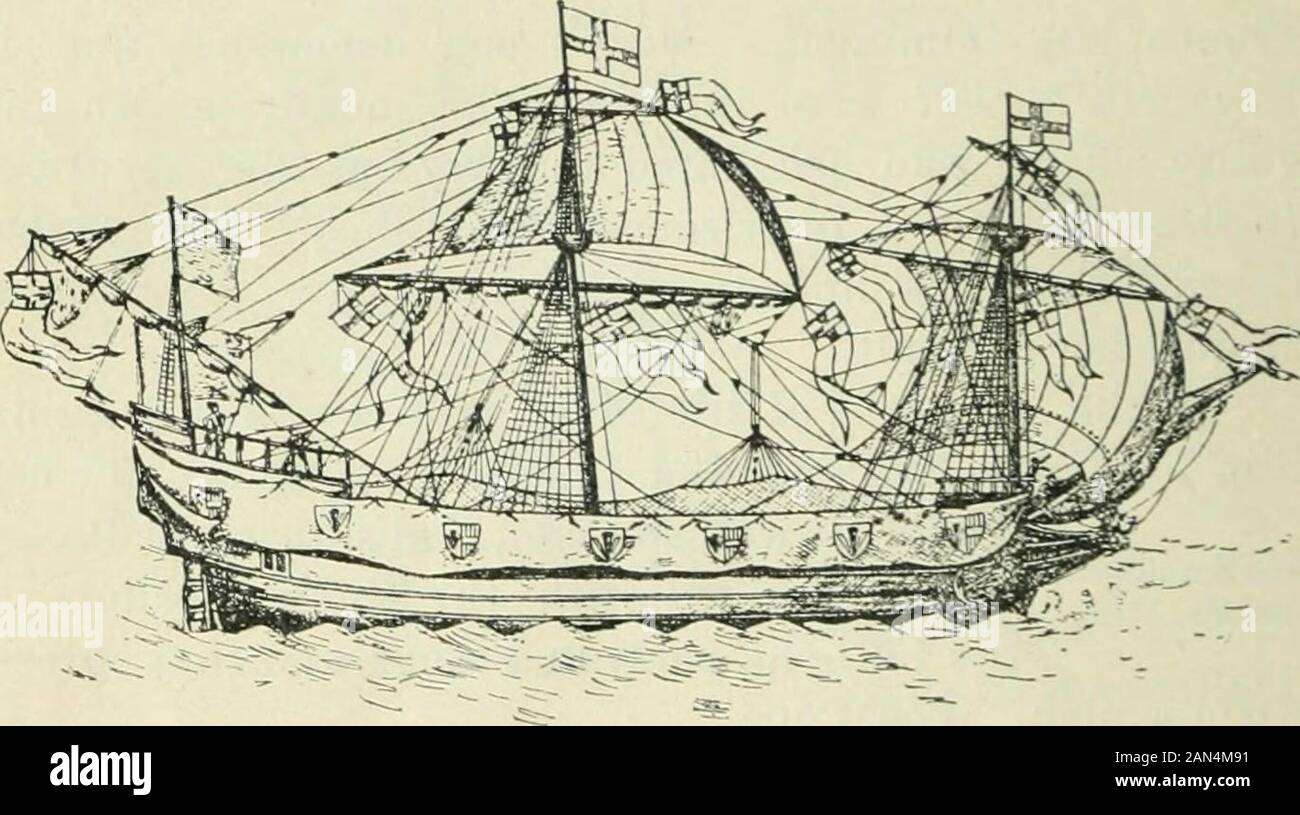 La nazione britannica una storia / di George MWrong . Una nave Enulisii ok Wak, 1588. R 312 LA NAZIONE BRITANNICA il re di Spagna senza riserve. XOR era Tlie Armadahse formidabile sul mare. Contava circa un'Inin-dred e trenta navi, alcune delle quali enormi. Le loro alture e i loro archi erano imponenti, ma lavoravano. Una nave Enoltsh di proprietà privata, circa 1588. (The Black Pinnace appartenente a Sir Philip Sydney, ?which ha portato la sua ])la sua odia dall'Olanda all'Inghilterra, 158fi.) male a sopravento, ed erano anche obiettivi facili per i gunners inglesi skil-ful. Le navi inglesi più piccole, con hu inferiore Foto Stock
