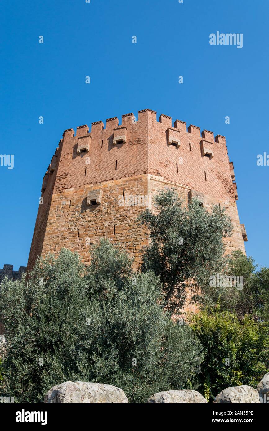 Torre Rossa o Kizil Kule nell'antica cittadella Alanya Kalesi Foto Stock