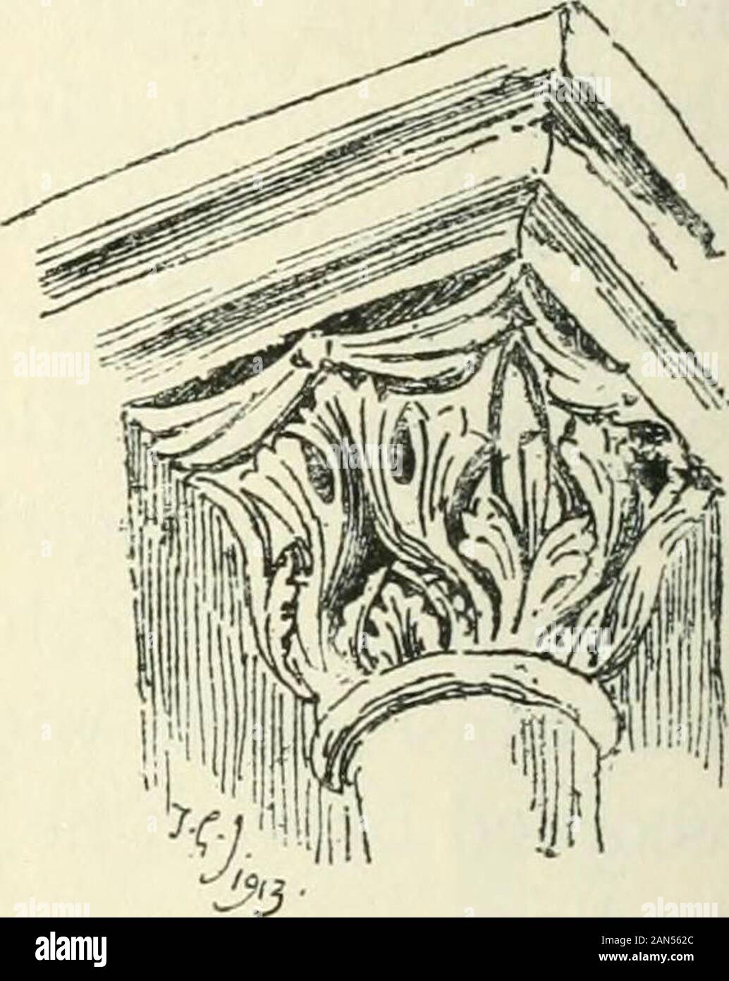 Architettura gotica in Francia, Inghilterra e Italia . Fig. 20. Fig. 21. di qualsiasi dettaglio o per trovare qualsiasi argomento su di esso. In laparte che può essere previsto con certezza a Sugerround e gli archi a sesto acuto compaiono entrambe, e sebbene thepointed arch norme la costruzione della parte superiore,la cripta che della cripta è più primitiva. Le baie di thecrypt sono divise dalla pianura nervature trasversali che areround arcuato, e non vi sono diagonali, arris di thegroin essendo leggermente schiacciati fino: ma il longitudinalarches dal molo al molo sono appuntite. Il partunder centrale il coro è circondato da una così Foto Stock