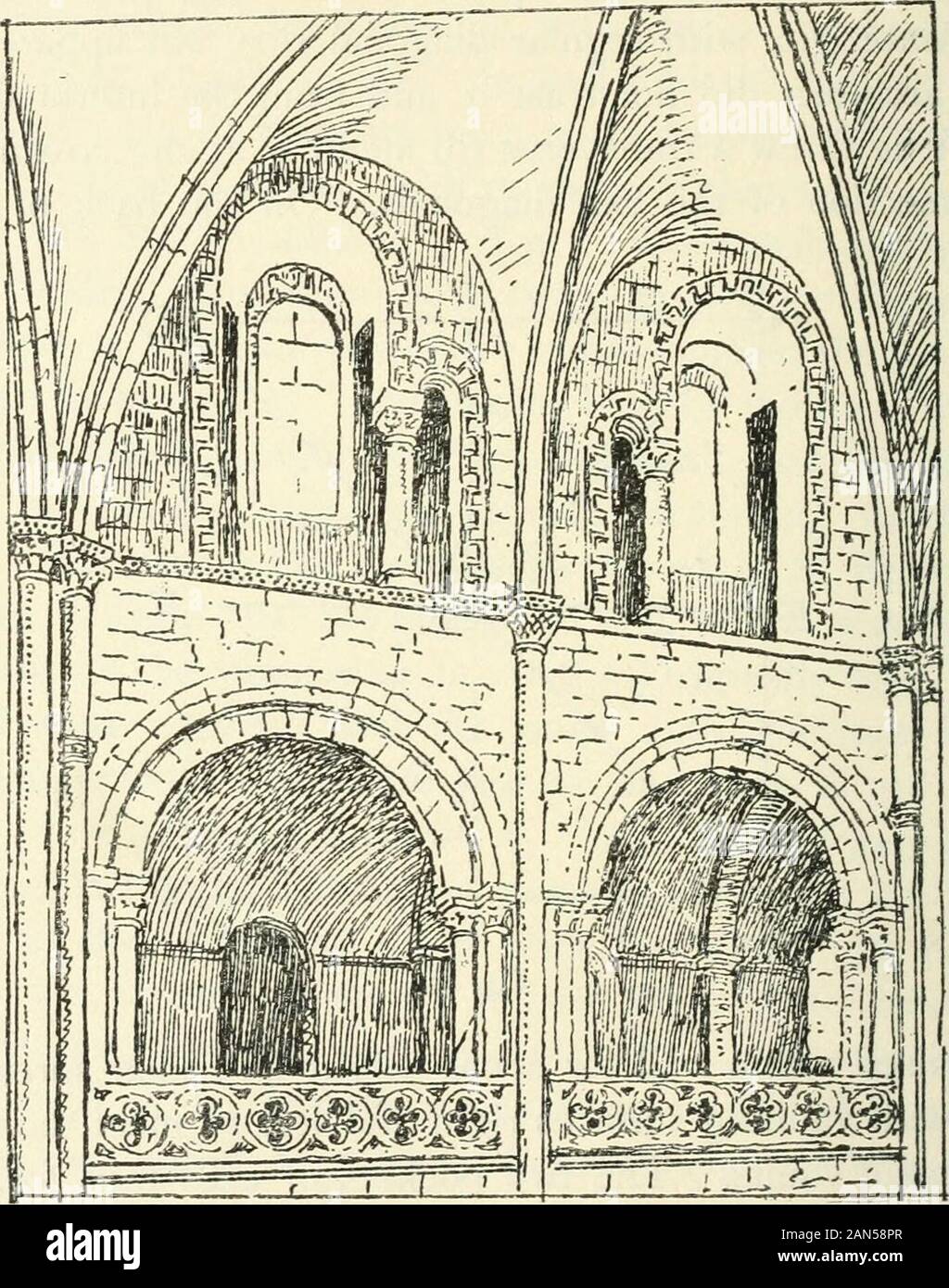 Architettura gotica in Francia, Inghilterra e Italia . Fig- 13- ha sollevato una parete sottile per una certa altezza e poi diffondersi itout con superfici di vaulting di destra e di sinistra per soddisfare quelle delcarrello volte principale. Le due tasche o cellule così formeddescribed un ellisse sulle pareti principali e i loro crownnaturally correva obliquamente verso il centro del mainvault dove le varie nervature soddisfatte. In Fig. 13 Annuncio andBC sono gli archi trasversali dividendo le baie, andAC e BD sono diagonali: EF è la intrudedtransverse arch, G il comune punto di intersezione e 42 la volta gotica [CH. Male le linee tratteggiate mostrano il di Foto Stock