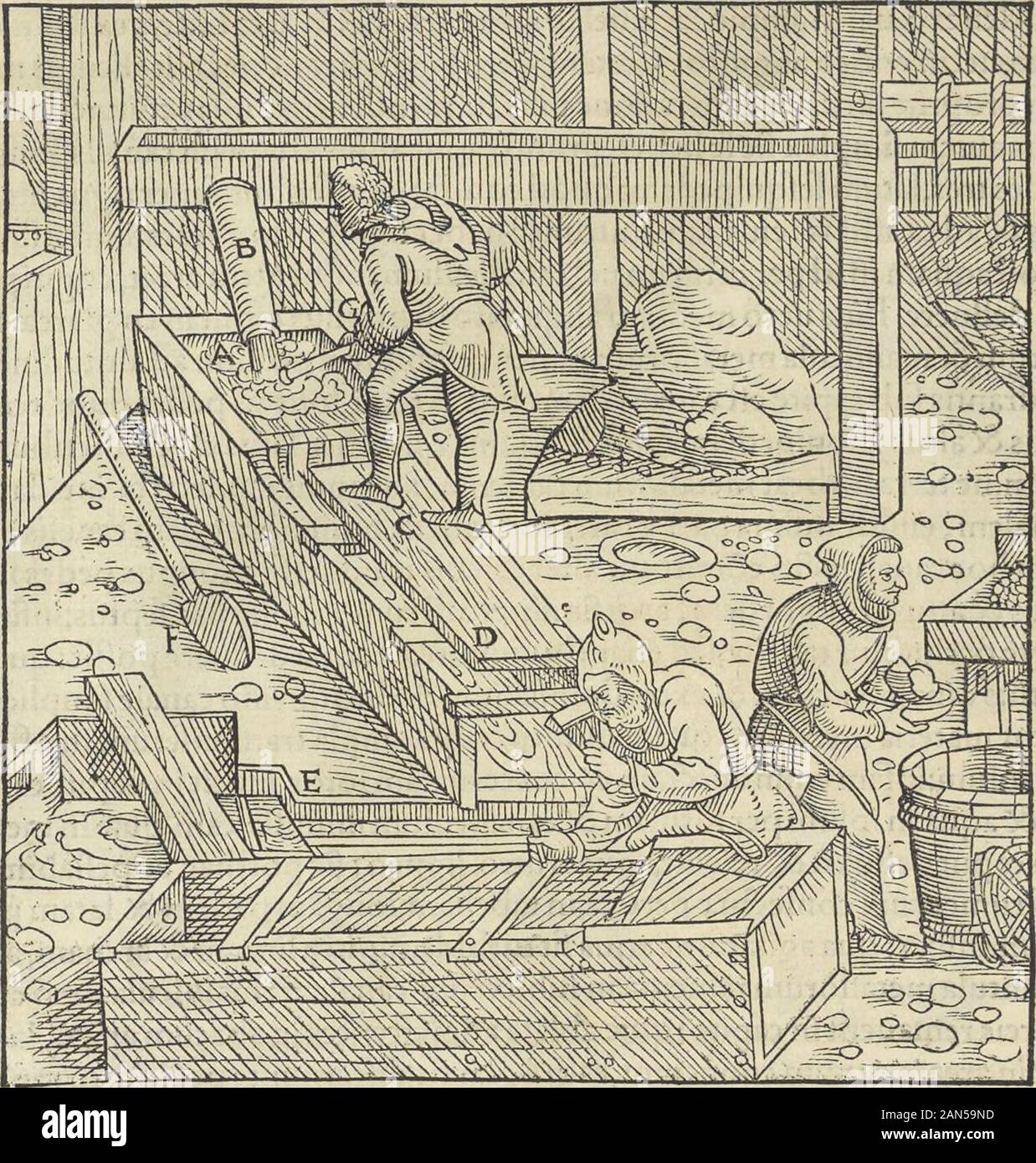 Georgii Agricolae De re metallica : libri XIIQuibus officia, instrumenta, machinae, ac omnia deni[que] ad metallicam spectantia, non modo luculentissimè describuntur, sed & per le effigi, suis locis infertas, adiunctis latinis, germanicis [que] appellationibus ita ob oculos ponuntur, ut clarius tradi non possint; Eiusdem De animantibus subterraneis liber, . 6 D e DX I9ETALLICA. Ahhoc alter canalis diftert pluribus tabtilis, quibus in UE auzifi impofitis quibufdam gradibus diftinguitur Jmponuntur uero longus Ci piedi diusodecim fuerit,quatuor: (i nouem,tres: quanto qujeq? Capiti proximior,tanto Foto Stock
