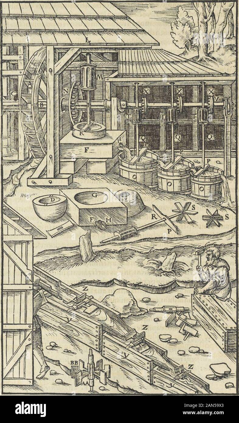 Georgii Agricolae De re metallica : libri XIIQuibus officia, instrumenta, machinae, ac omnia deni[que] ad metallicam spectantia, non modo luculentissimè describuntur, sed & per le effigi, suis locis infertas, adiunctis latinis, germanicis [que] appellationibus ita ob oculos ponuntur, ut clarius tradi non possint; Eiusdem De animantibus subterraneis liber, . rapporto di andi hac longe praeftat,quod ea argeritum uiuum,quod in uafiscontihetur,ftatim ad fe alliciatjfi farina,in qua lapilli nigri, ex quibus conflaturpliimbum candidum,infunt, minime eft afpernanda?. Qtianquam ramlabiegni conuoluti,& in ca Foto Stock