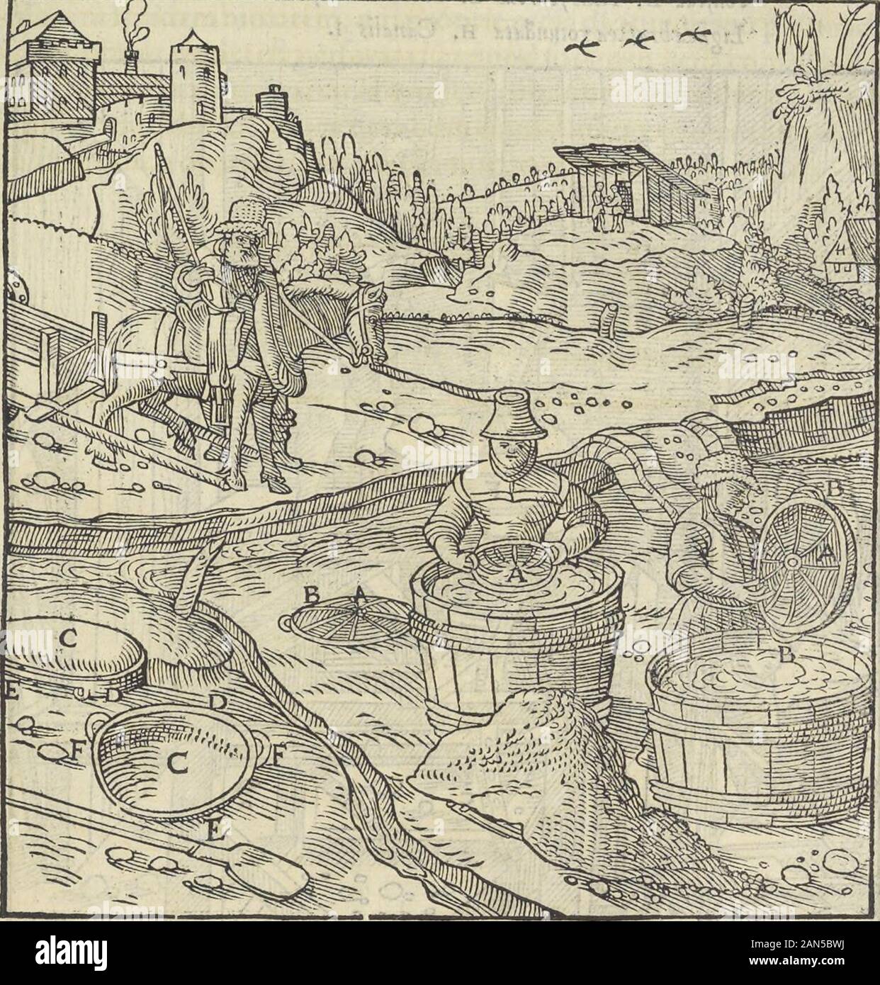 Georgii Agricolae De re metallica : libri XIIQuibus officia, instrumenta, machinae, ac omnia deni[que] ad metallicam spectantia, non modo luculentissimè describuntur, sed & per le effigi, suis locis infertas, adiunctis latinis, germanicis [que] appellationibus ita ob oculos ponuntur, ut clarius tradi non possint; Eiusdem De animantibus subterraneis liber, . Sed Bohemi utuntur eorbe uiminibus contexta,fefquipedem lata, femf* pedeiw O C T A V V S. Zl^ pcdem alta:cui dux funt anfie, quibus prehenfam agitan t &fuccutiut in uafe uel parua lacuna aquis fere pleria:quod ex ea in uas uel decid lacuria Foto Stock