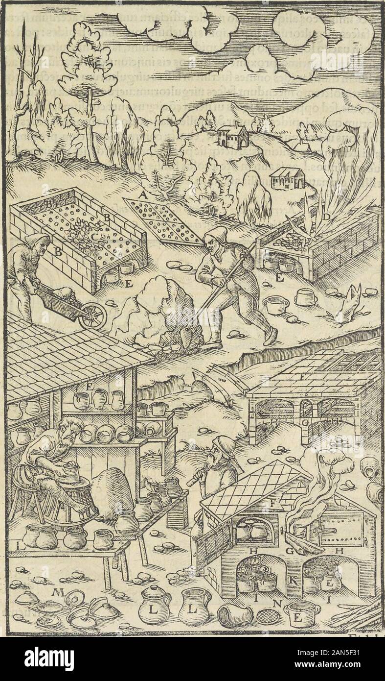 Georgii Agricolae De re metallica : libri XIIQuibus officia, instrumenta, machinae, ac omnia deni[que] ad metallicam spectantia, non modo luculentissimè describuntur, sed & per le effigi, suis locis infertas, adiunctis latinis, germanicis [que] appellationibus ita ob oculos ponuntur, ut clarius tradi non possint; Eiusdem De animantibus subterraneis liber, . in quibus ollac,fimiliter aqua in fe cotirientes,collocantur. Superioruerd rurfusin tres partes diftributa eft: quaru media, nessun latior mediomuro,cuius pars fuprema eft,femper patetdn ea enim ligna imponuntuna*lfjs duabus funt ferrea: fores, Foto Stock
