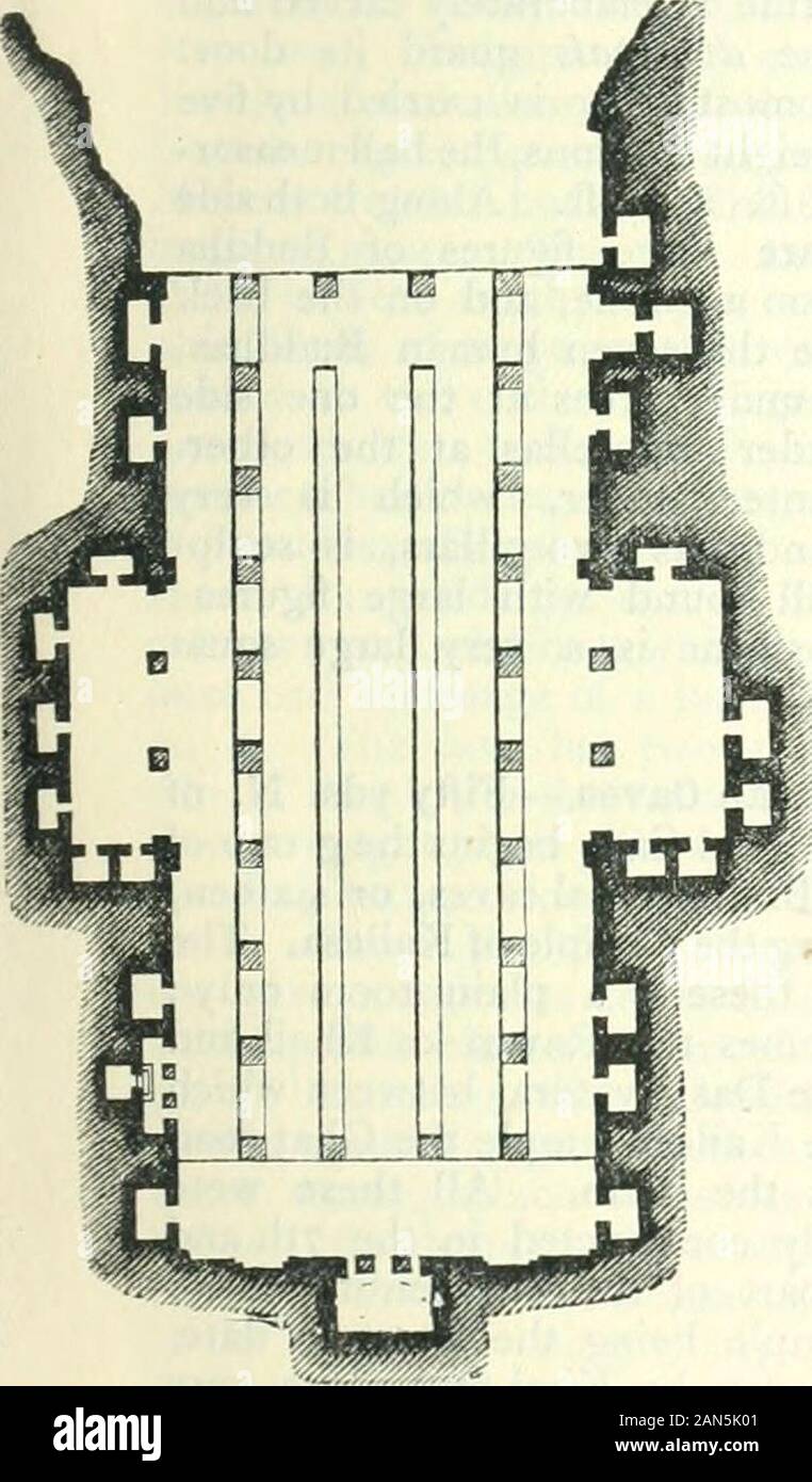 Un manuale per i viaggiatori in India, Birmania e Ceylon . . Le colonne che sostengono che mantengono un foglia cascante o orecchio oltre theircircular colli. Nel N. fine theverandah è una cappella con un Buddhaseated su lotus supportato da snake-incappucciati figure, e sul diritto di Questoè un pittorica litania.^ n. 4 è un vihara muchruined, ora misurazione 35 ft.da 39 ft. e profonda. In corrispondenza della estremità interna isa la navata trasversale, oltre che un santuario,con una statua di Buddha sotto theBo-tree, e due cellule sono state scavate;le colonne sono simili a quelle di inNo. 2. N. 5, noto come Maha-wara, e precedentemente come Dherwaracave, è nuovamente r Foto Stock