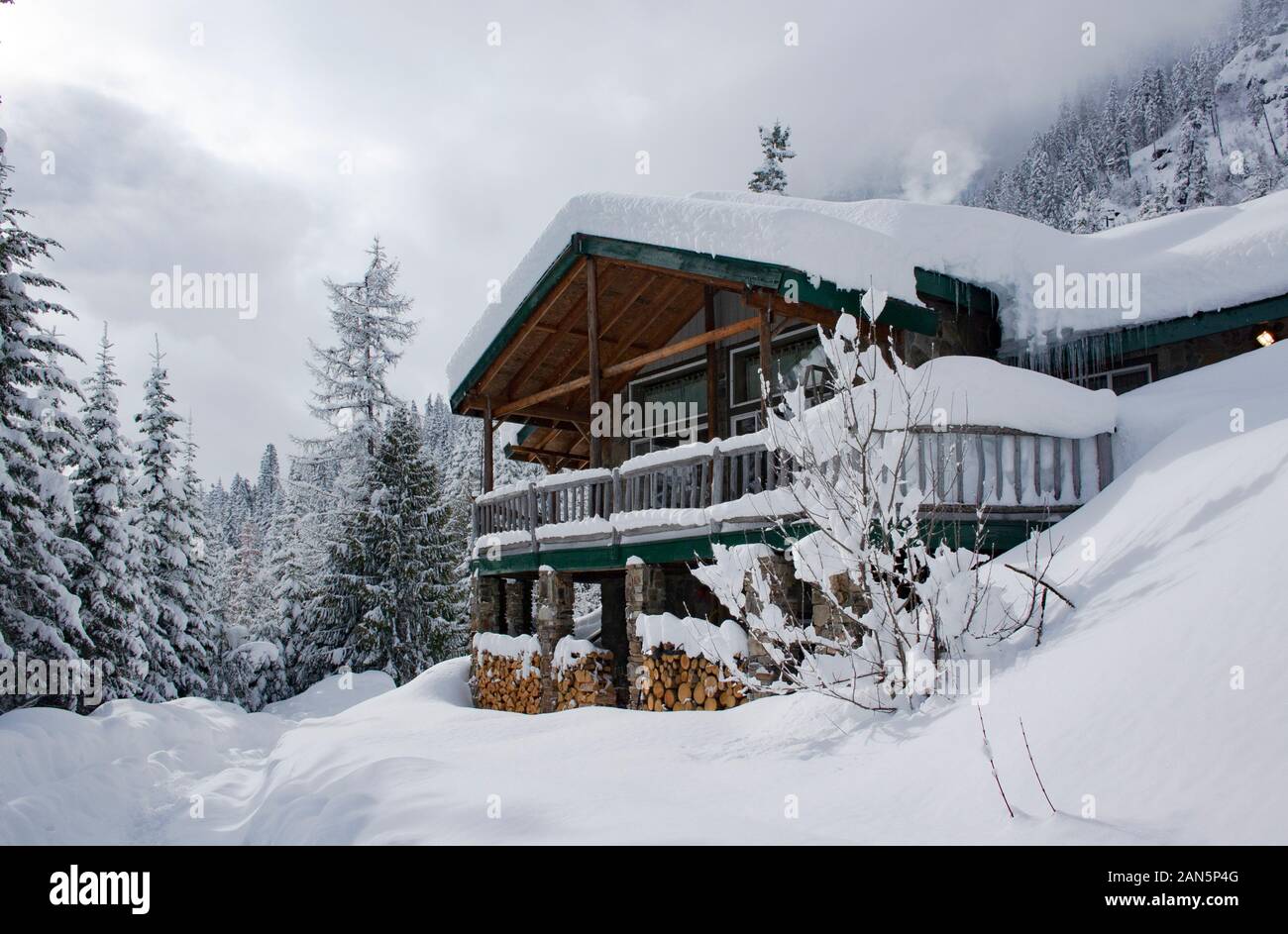 La mia casa fino a Eagle View dopo una tempesta di neve Nadia che il dumping 34 centimetri di neve in 36 ore. da Eagle View, nella contea di Sanders, Montana. Foto Stock