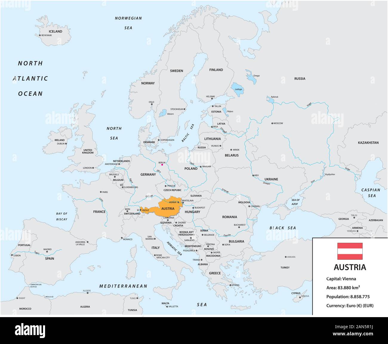 La posizione dell'Austria sul continente europeo con una piccola casella di informazioni e flag Illustrazione Vettoriale