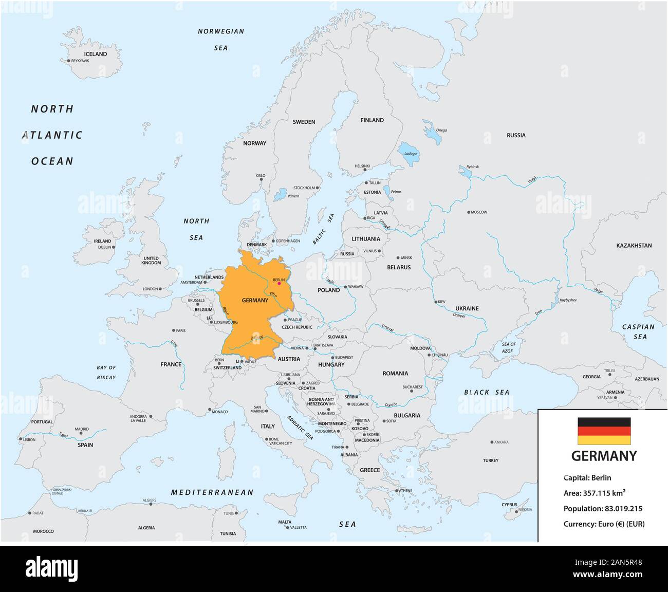 La posizione della Germania nel continente europeo con una piccola casella di informazioni e flag Illustrazione Vettoriale