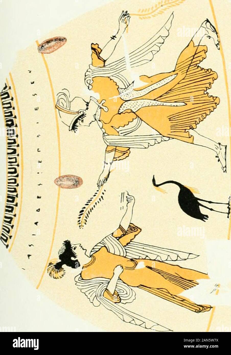 Histoire du costume antico d'après des études sur le modèle vivant . jeu du repli. Ces détails, que lon retrouve égale-ment dans lAthéna du Musée Capitolin^, sont réalisés surnature par la pongono du modèle (Fig. 115). Fréquemment aussi sur les Peintures de vasi, onvoit lhimation replié plusieurs fois dans le sens de lalongueur, et reposant en arrière sur les deux bras,Comme une longue écharpe. Tel est laspect quil pré-sente sur le joli alabastre à fond blanc, signé par lar-tiste Pasiadès (voir le hors texte en couleurs, pi. v) *. Le Manuscrit laissé par M. Heuzey ne contenait pasde page con Foto Stock