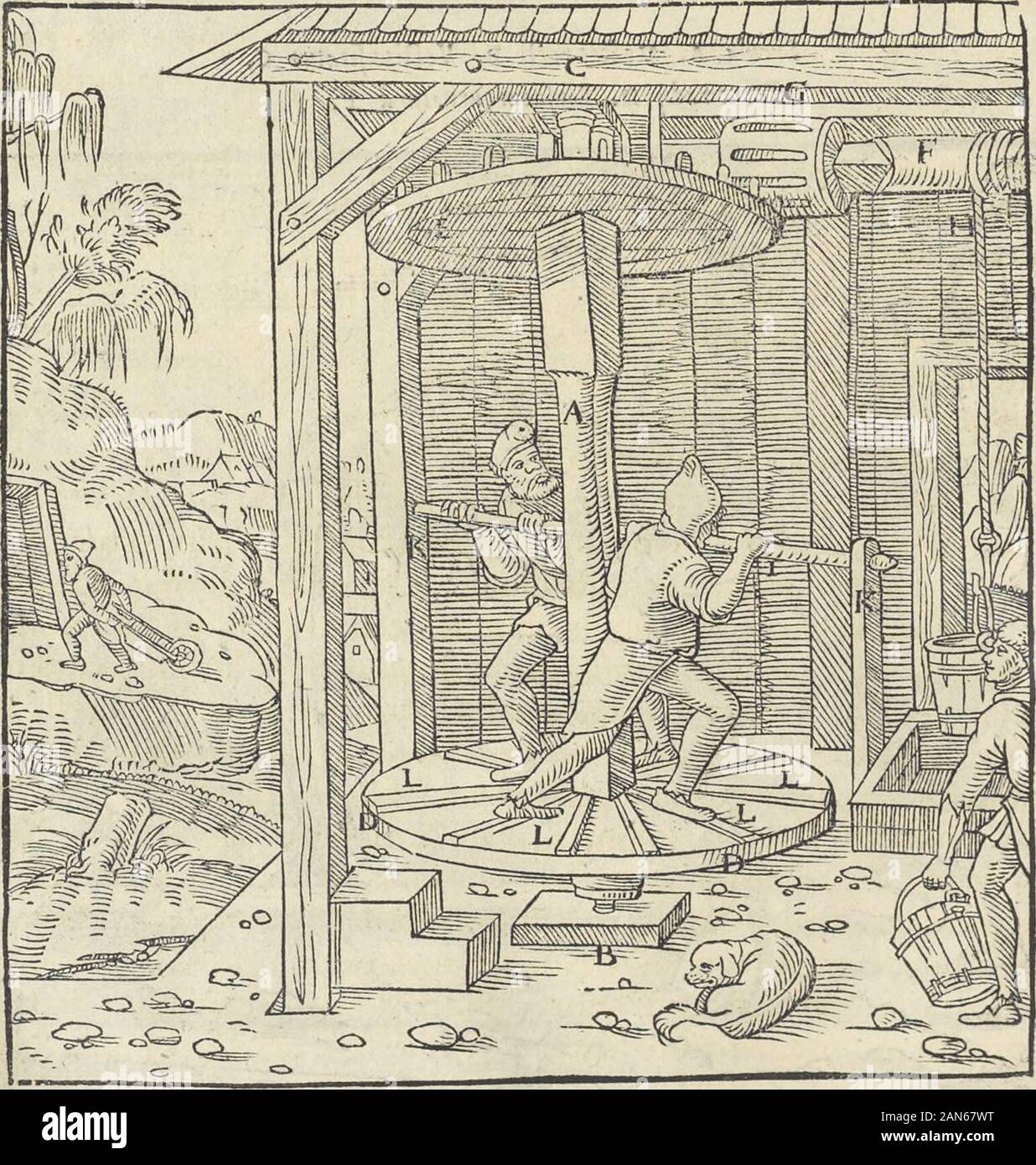 Georgii Agricolae De re metallica : libri XIIQuibus officia, instrumenta, machinae, ac omnia deni[que] ad metallicam spectantia, non modo luculentissimè describuntur, sed & per le effigi, suis locis infertas, adiunctis latinis, germanicis [que] appellationibus ita ob oculos ponuntur, ut clarius tradi non possint; Eiusdem De animantibus subterraneis liber, . omnes alia: machinas,quibus tympana funt,tamen altiusrnempc annuncio piedi centum &octoginta: qua: ficfe habetaxis ftatuti codacesferrei uerfantur in duobus catillis ferreis: quoru inferiore inciufus eft in tronco in terra locato,fuperior in trabe Foto Stock