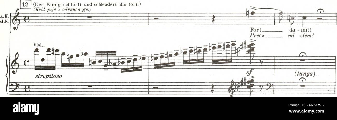 Hagith : Oper in einem Aufzug von Felix Dörmann : OP25 . 12 (Der König schlürft und schleudert ihn fort.)(Król pije ho odrzuca andare.). U.E.5912. 1^ Andante raolto sostenuto. (Etwas schleppend) (Jzee) (klagend)(zatosmel 13 poco animato. (J=ft4) Foto Stock