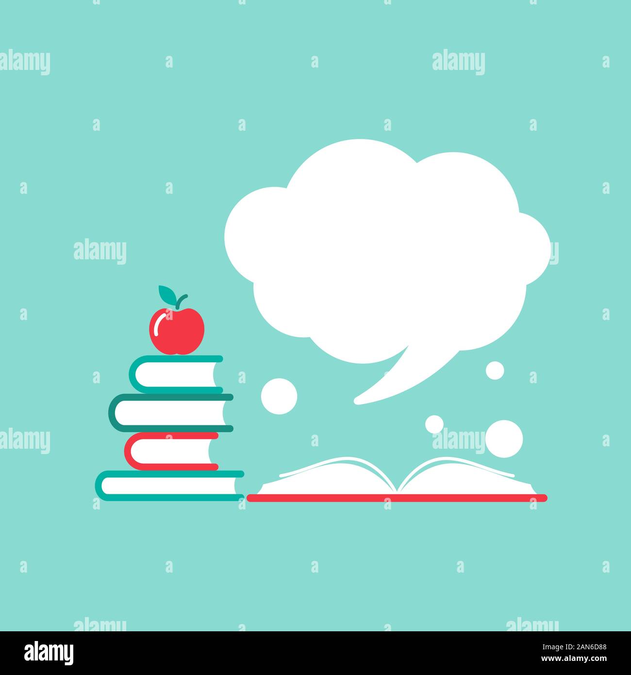 Pila di libri e libro aperto con coperchio arancione e bianco discorso bolla battenti fuori. Isolato di polvere su sfondo blu. Piatto icona di lettura. Vector illus Illustrazione Vettoriale