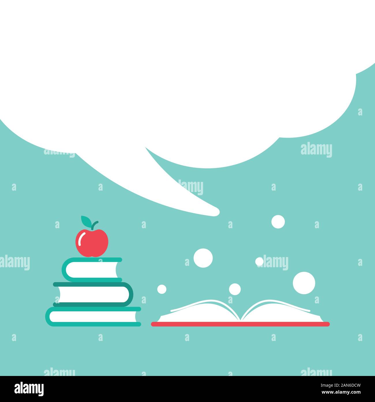 Pila di libri con Apple e il libro aperto con coperchio arancione e il grande discorso bolla. Isolato di polvere su sfondo blu. Piatto icona di lettura. Illustr vettore Illustrazione Vettoriale
