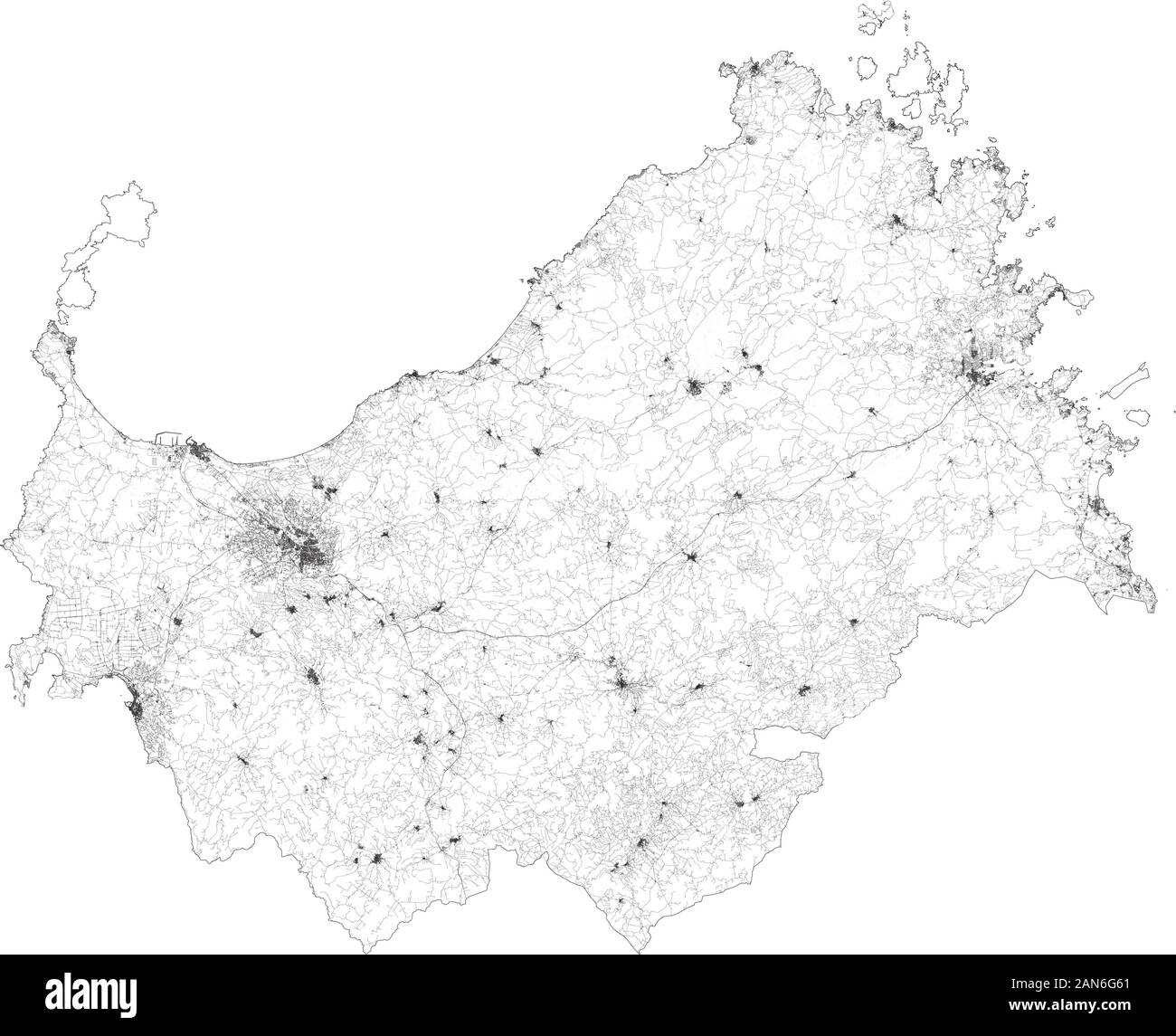 Mappa satellitare della provincia di Sassari città e strade, edifici e strade di collegamento delle aree circostanti. Regione Sardegna, Italia. Sardegna Illustrazione Vettoriale