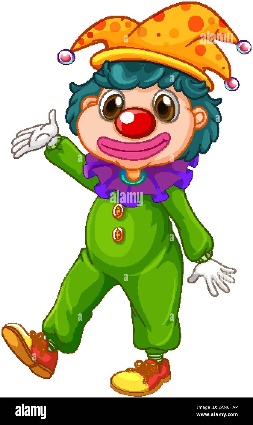 Happy clown in costume verde e cappello spiritoso illustrazione Illustrazione Vettoriale
