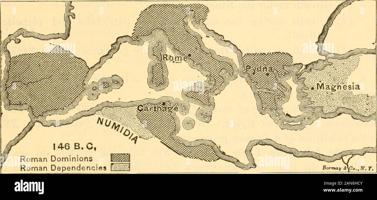 Il mondo antico, fin dai primi tempi a 800 annunci . con Cartagine. Rhodes, naturalmente, mai hadbeen o potrebbe essere un pericolo per la potenza Romes. Infatti lei hadbeen una più fedele e fiduciosa amico. Ma il Romanmerchants sembrava avariciously su di lei di ampia diffusione del commercio;e un finto pretesto è stato sequestrato su greedily a rob che aiutano a-meno amico del suo territorio e del commercio. Sommario 474. Roma la sola grande potenza. - Nel 264 A.C. Roma hadbeen uno di Jive grandi potenze (§ 417). Con la pace di 201dopo Zama, Cartagine è scomparso dall'elenco. In nextfifty anni Cynoscephalae, Magnesia, Pydna, e arr Foto Stock