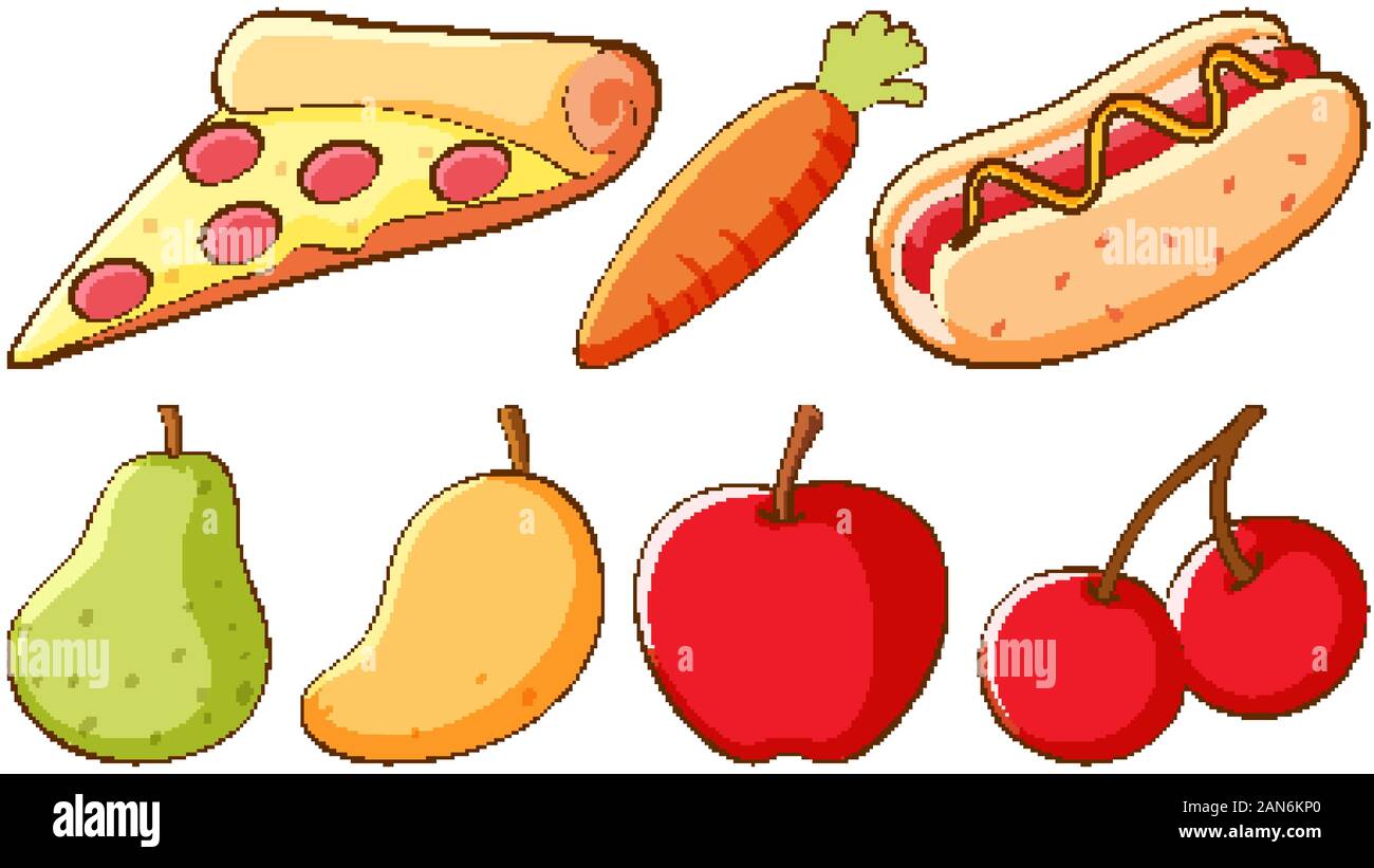 Set di fast food e diversi tipi di frutta su sfondo bianco illustrazione Illustrazione Vettoriale