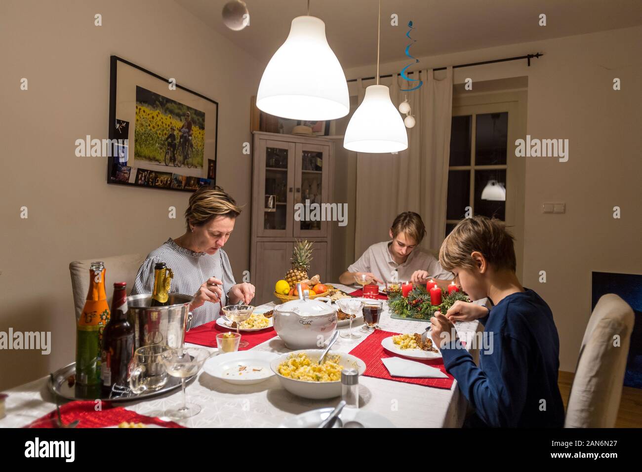 Famiglie monoparentali durante la cena di gala a casa Foto Stock