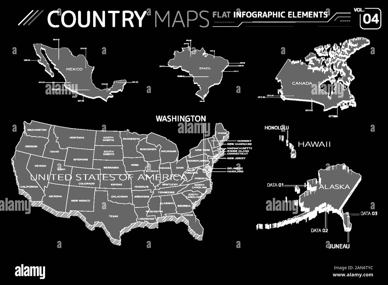 Messico, Brasile, Canada, Stati Uniti d'America, Alaska e Hawaii mappe vettoriali Illustrazione Vettoriale
