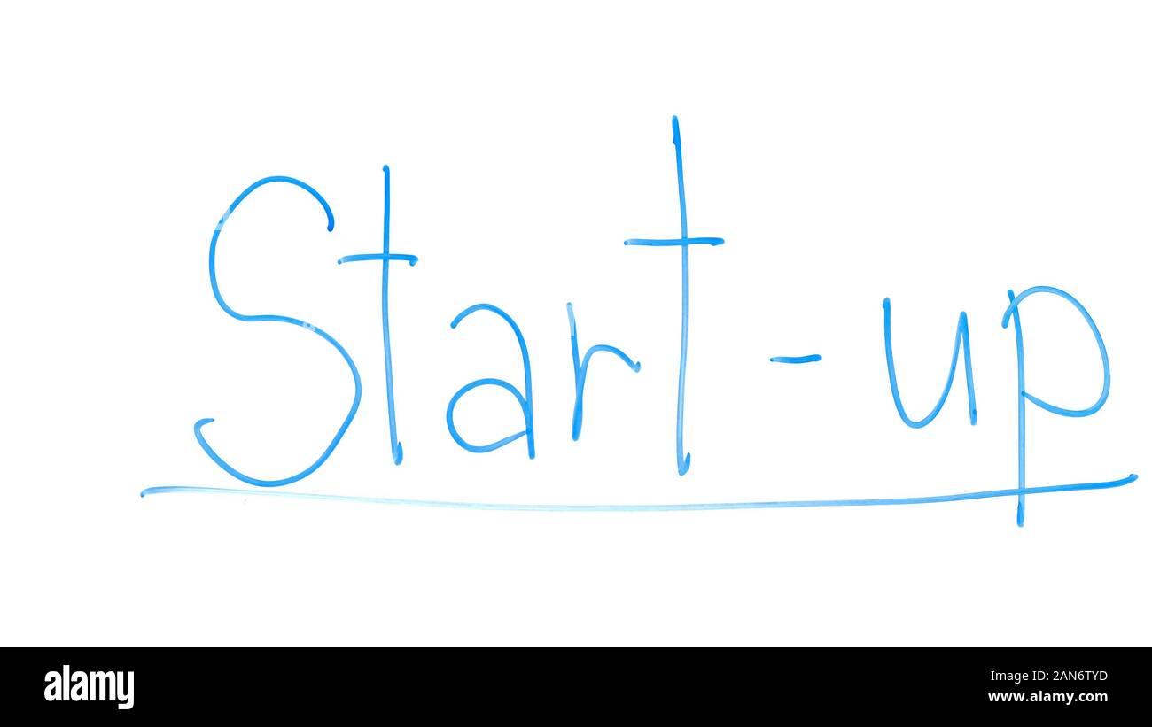 Start-up parola scritta su vetro, inizio di nuovi business e strategia di sviluppo Foto Stock