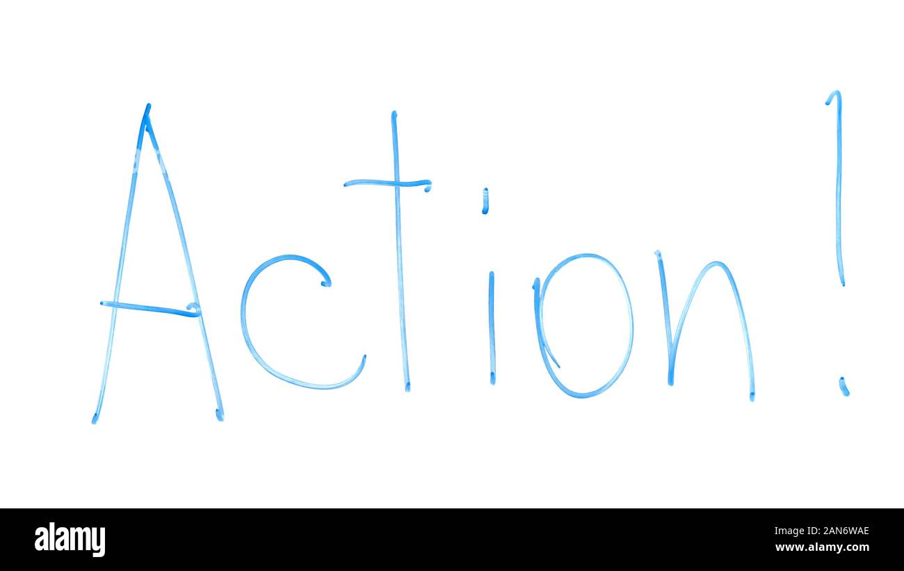 Parola di azione con punto esclamativo scritto sul vetro, chiamata andare agire per nuovi inizi Foto Stock