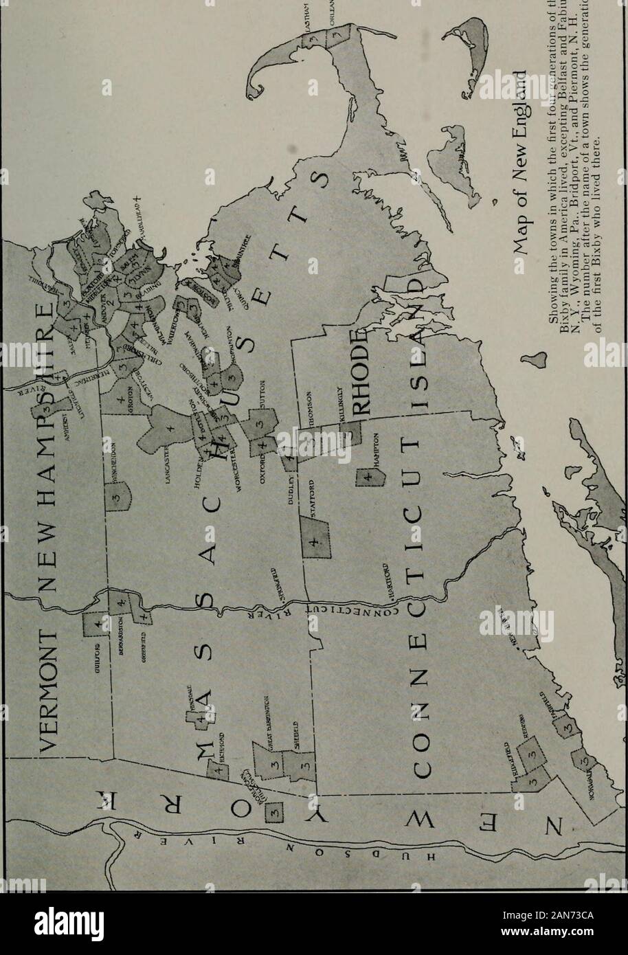 Una genealogia dei discendenti di Giuseppe Bixby, 1621-1701 di Ipswich e Boxford, Massachusetts, che scrivi il nome Bixby, Bigsby, Byxbie, Bixbee o Byxbe e di Bixby famiglia in Inghilterra, discendenti di Walter Bekesby, 1427, di Thorpe Morieux, Suffolk . res showthe numero di generazione del primo Bixby che vi abitò,che è, se egli apparteneva alla prima, seconda, terza o fourthgeneration. Giuseppe Bixby (MI), il solo membro del primo generi tion, vissuto prima a Ipswich, Massachusetts, sulla costa e successivamente movedup il fiume di Ipswich (che è troppo piccolo per essere mostrato sulla mappa toBoxfor Foto Stock