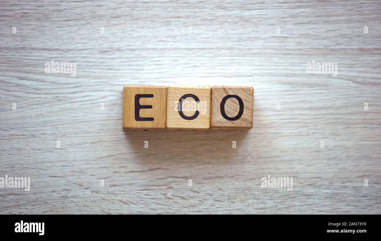 Eco parola fatta di cubi di legno, modi di prendersi cura dell'ambiente il riciclaggio dei rifiuti Foto Stock