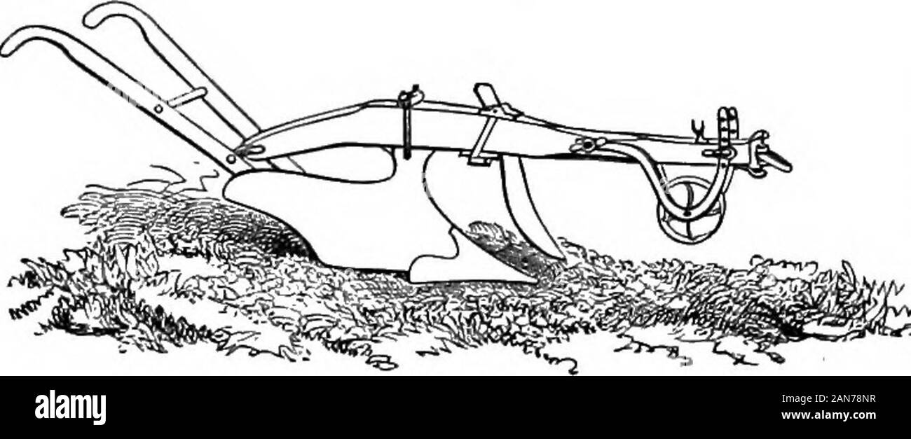 Manuale di agricoltura per la scuola, la fattoria e il caminetto . 142 Preparazione OP TERRE. sono le attrezzature più frequentemente utilizzate per effettuare thisobject. 445. La vanga o spading forcella è la forma più semplice di queste attrezzature ed è costituito da una lama o denti di acciaio ironor fissato in un manico diritto. Si è lavorato byhand. Coltivazione bj il suo impiego è la più lenta e mostexpensive modalità di coltivazione, e è adatto principalmente per operazioni di thenice del giardino. 446. La com-mon aratro,(Fig. 16) è theimplement mostcommonly utilizzatinell rompendo^g-1"- la terra ed è il più economico strumento che Foto Stock