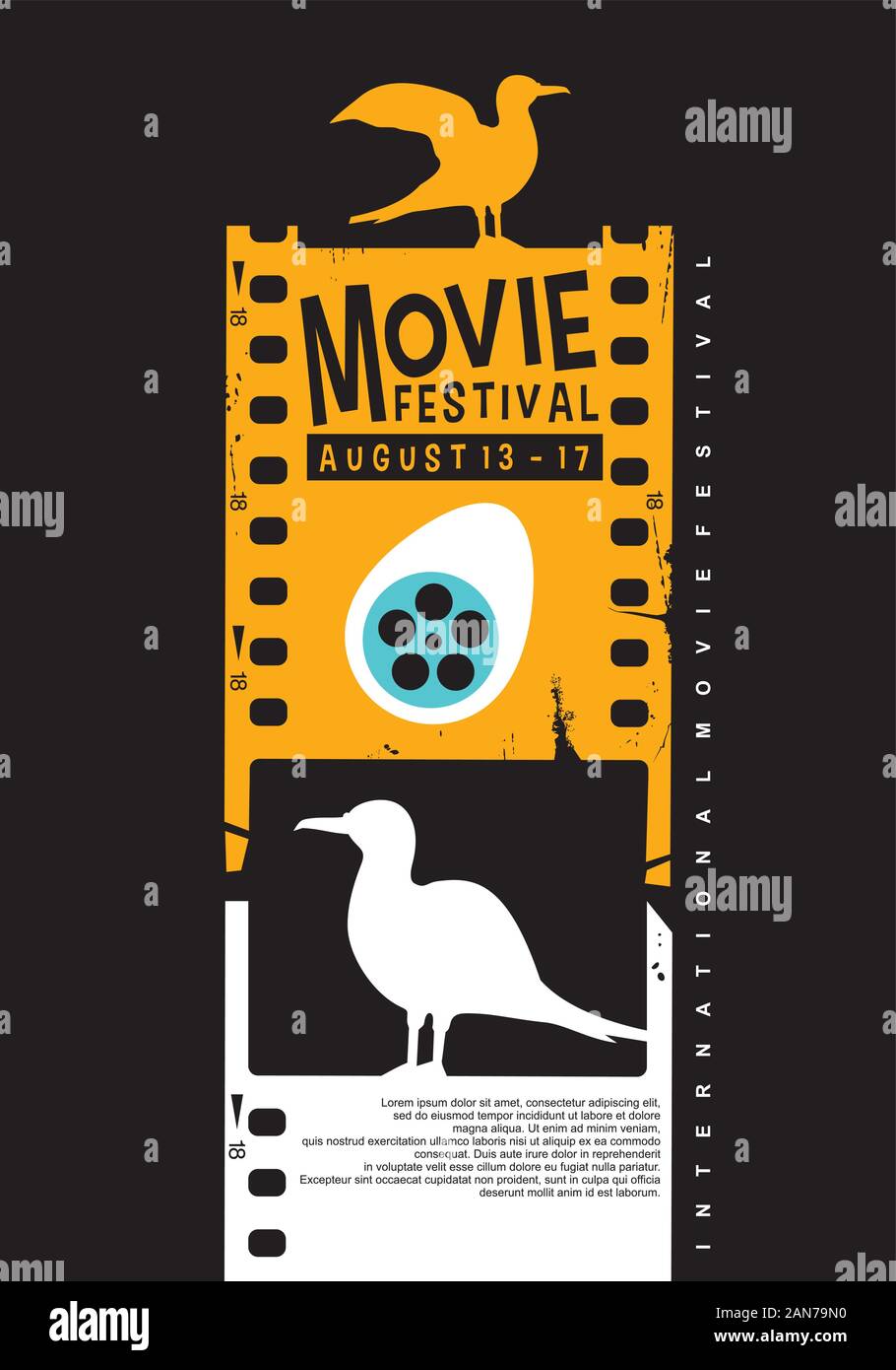 Film festival poster idea creativa con la striscia del film e di uccelli grafica. Arte vettore per l'industria del divertimento. Cinema flyer. Illustrazione Vettoriale