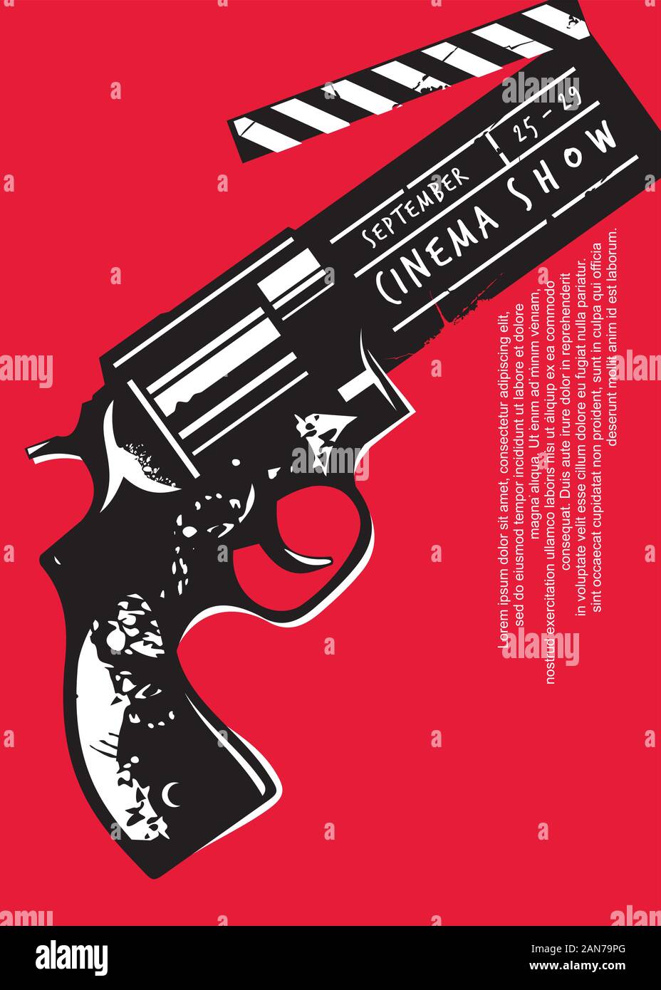 Creative evento film poster con pistola e grafica battaglio board. Cinema flyer design su sfondo rosso. Industria cinematografica del tema. Illustrazione Vettoriale