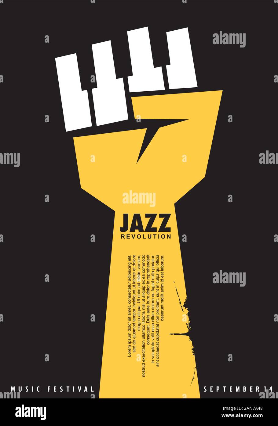 Idea poster per il jazz festival. Creativi unici concetto musicale con pugno di forma e di tasti di pianoforte. Concerto Jazz vettore flyer. Illustrazione Vettoriale