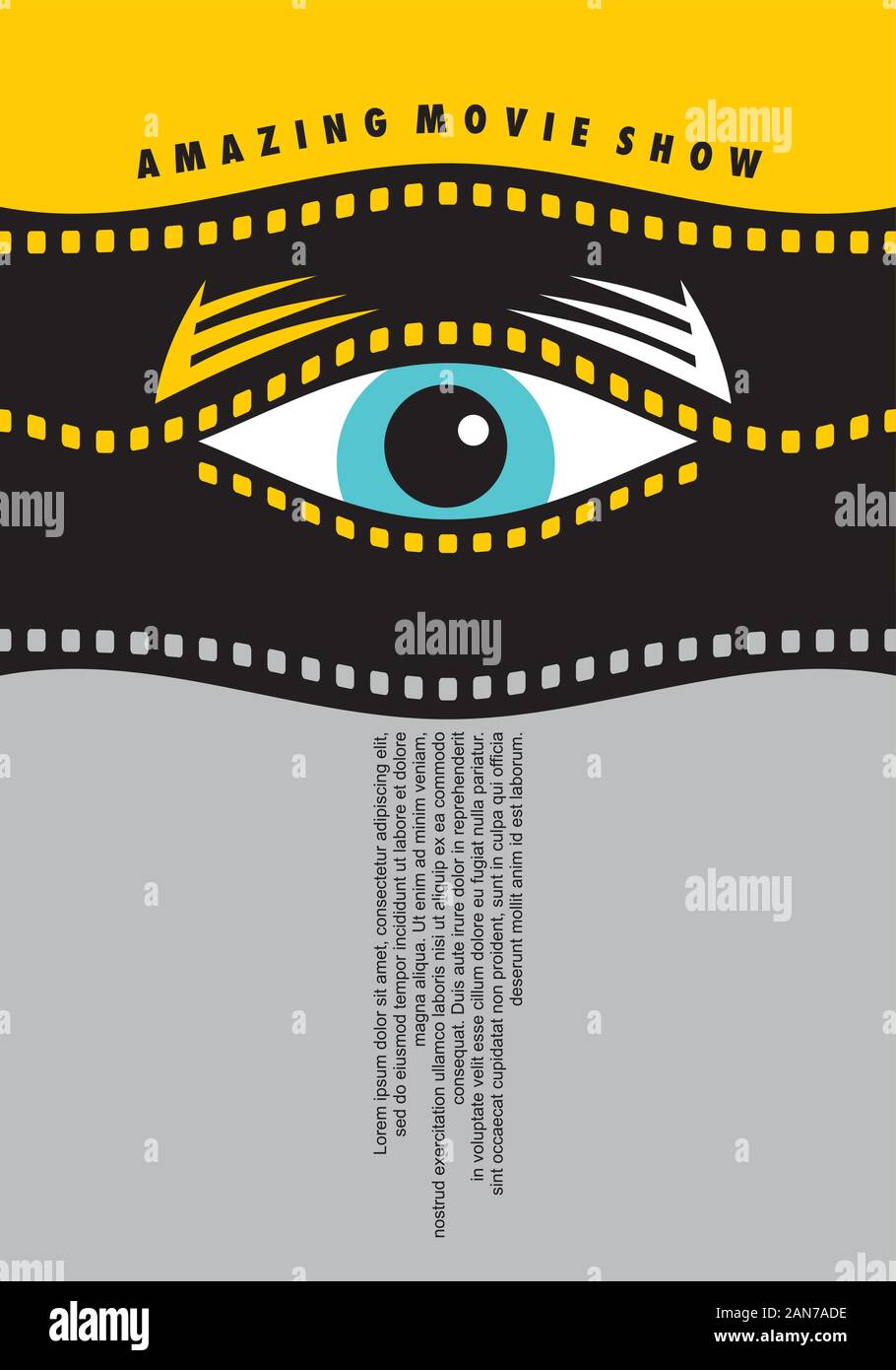 Film sorprendente mostra poster idea di design con occhio umano guardando attraverso sventolato la striscia del film grafico. Vettore di Cinema flyer concetto minimalista. Illustrazione Vettoriale