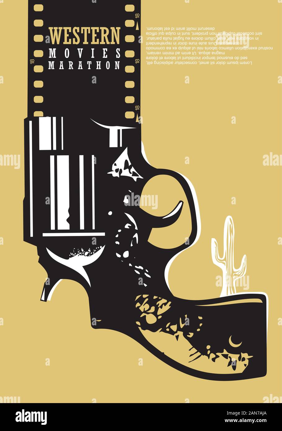 Film occidentali, design poster cinema. Industria cinematografica pubblicità con revolver grafico, cactus deserto e film strip. Concetto artistico. Illustrazione Vettoriale