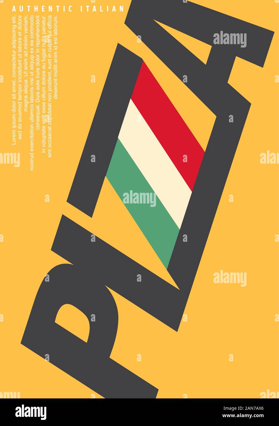 Pizza poster con un logo unico tipografia. Bandiera Italiana come parte della pizza lettering. Modello di Flyer per il ristorante e la pizzeria. Vector food design. Illustrazione Vettoriale