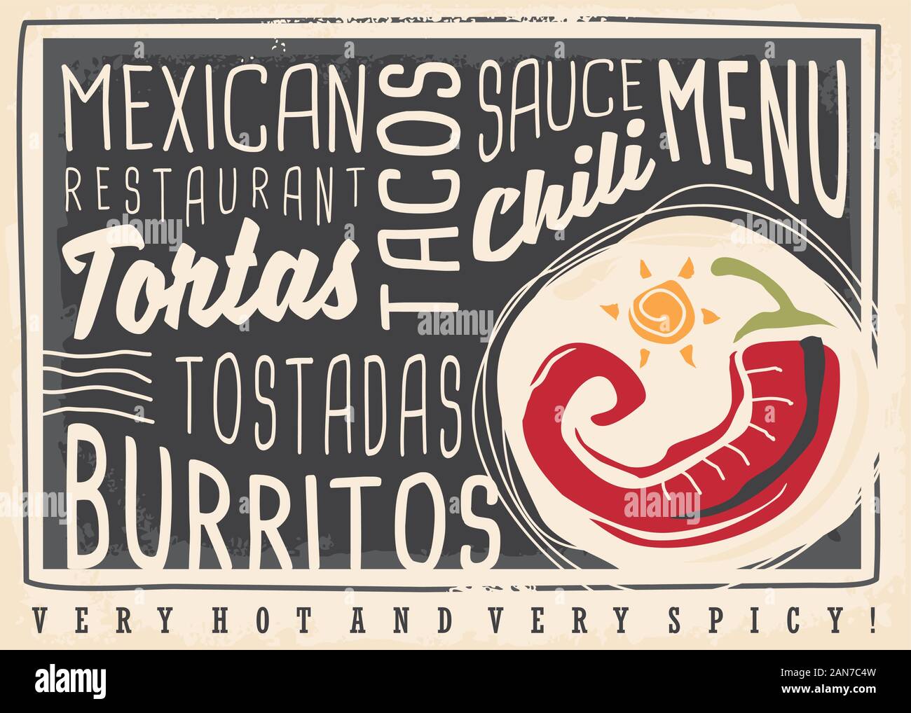 Tacos, tortas, tostadas, burrito, peperoncino, cibo messicano ristorante menu design concept. Chalk board menu per il caldo e il cibo piccante. Illustrazione Vettoriale. Illustrazione Vettoriale
