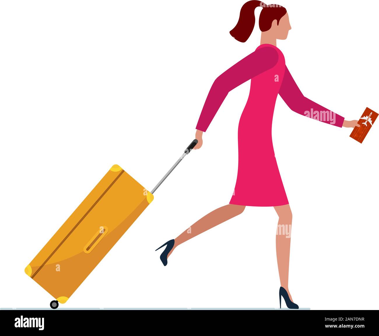 Giovane donna che corre con valigia e biglietto di volo. Donna in abito con bagaglio borsetta che fa scalo in aereo o volo mancante. Illustrazione vettoriale del concetto di viaggio turistico Illustrazione Vettoriale