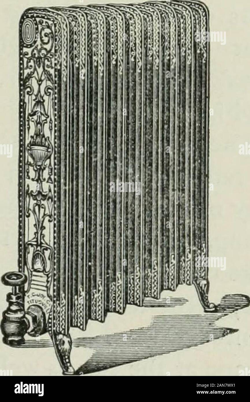 Riscaldamento e ventilazione di edifici : un manuale per il riscaldamento di ingegneri e architetti . Fig. 97. trasversale di radiatore. Fig. 99.-Crescent canna fumaria radiatore. * Con il permesso di riscaldamento e ventilazione. 142 Riscaldamento e ventilazione di edifici. I radiatori di sezione in molti casi sono costruiti in tale amanner come per formare condotti per il passaggio di aria dal bottomto la sommità del radiatore per lo scopo di aumentare il riscaldamento aria capacità. Tali radiatori sono denominati fltie radiatori (Fig- 99)- Foto Stock