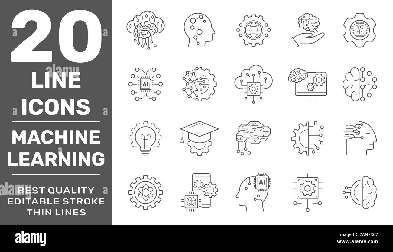 Intelligenza artificiale e Internet delle cose il vettore riga set di icone. Il riconoscimento vocale, Android, robot umanoide, Thinking Machine. Corsa modificabile Illustrazione Vettoriale