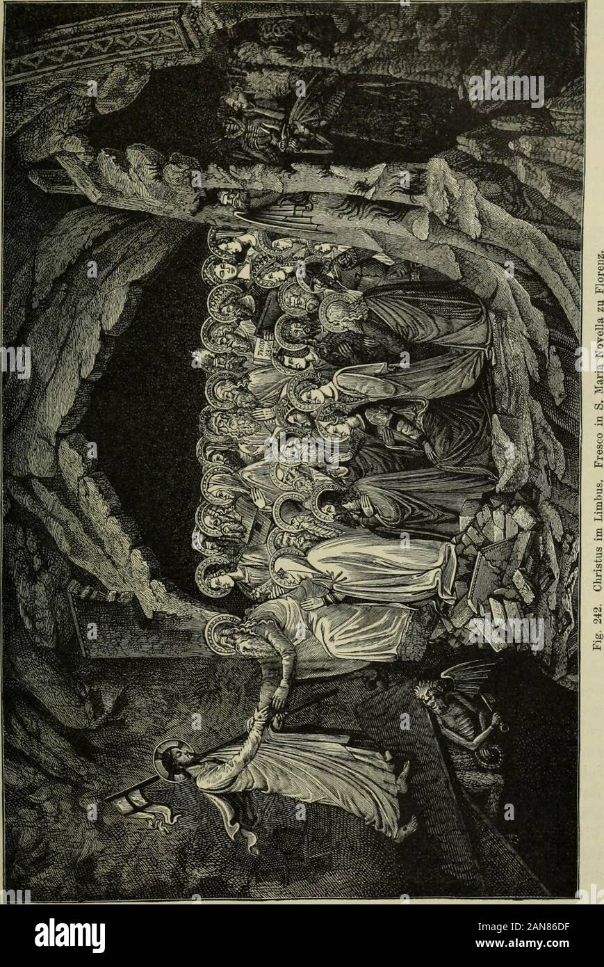 Geschichte der christlichen Kunst . staltung des Sujets ge-wonnen haben. Das erste nachgewiesene Beispiel einer den Vorgang derAuferstehung selbst zeichnenden Darstellung hat man auf dem Albinusschreinin Köln erblickt10. Aber lange noch erhielt sich die Uebung, den Hergangeinfach durch ein Schweben des Herrn über dem offenen Grabe zu schildern,wie das Giotto, Taddeo Gaddi, später noch Perugino Thun. Den grösstenErfolg hatten auch hier Beato Angelico (in S. Marco) und Fra Bartolommeo(mit dem grossen, 1516 gemalten, jetzt im Palast Pitti Auferstehungs befindlichen- 1 DAgincoukt TAF. 94. 6 DAgincou Foto Stock