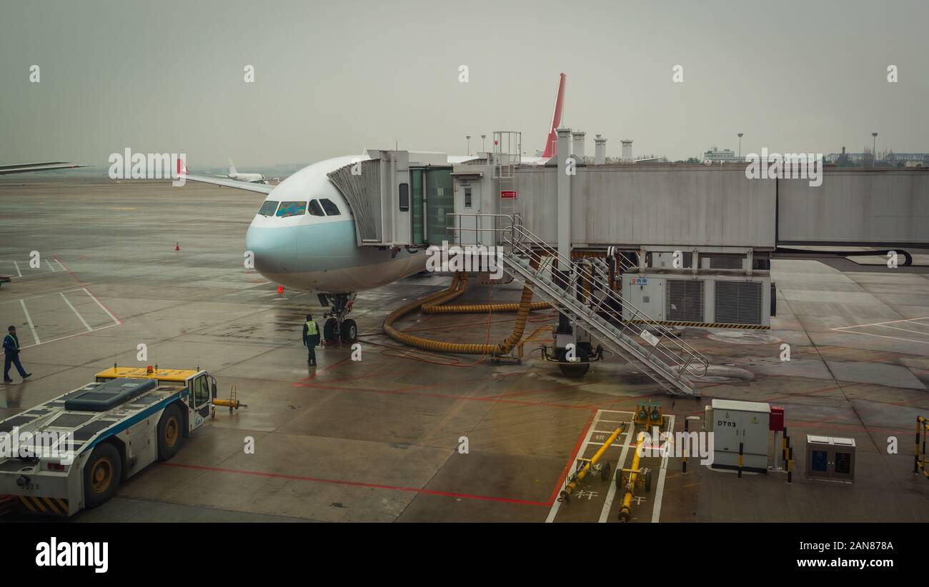 Shanghai, Cina - 28 Gennaio 2019: aereo pronto per l'imbarco in aeroporto di Shanghai mozzo sul giorno di pioggia Foto Stock