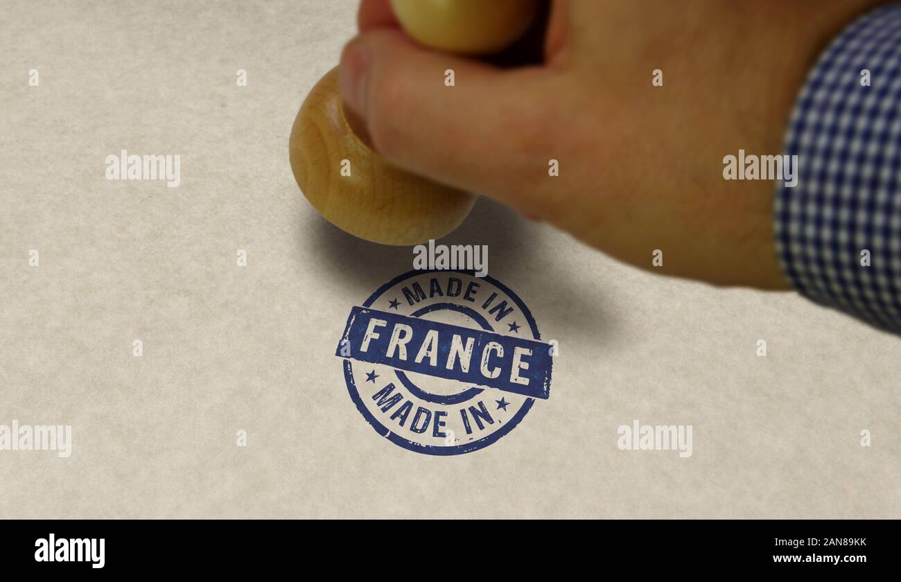 Realizzato in Francia il timbro e la timbratura di mano. Stabilimento di produzione e di fabbricazione concetto del paese. Foto Stock