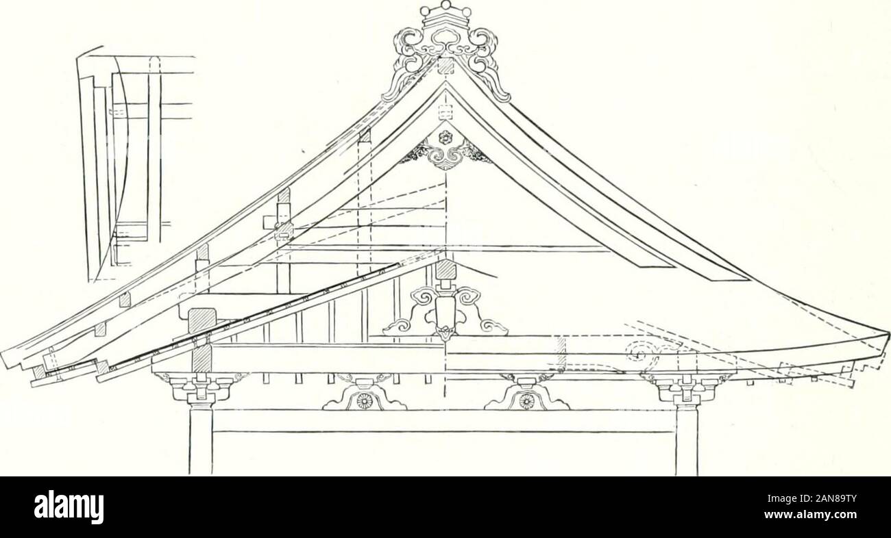 Die Architektur der Kultbauten laccati. . Abb. 270. Querschnitt der Scliwebebrücke.. Abb. 277. Uud Gebiilk D.ckt der Bühne.Nö-Bühue Aoyama-Palast im a Tokio. doppelt gekrümmte Linien zeigt. Die Vorderansicht desKuruma-yose ist in größerem Maßstabe (1 : 100) in Abb. 278dargestellt, wälii-fine Gebälk, Decken - und Dachverbanddes No-butai und der Schwebebrücke in Abb. 276 u. 277wiedergegeben sind. Sümtliclie Eäume sind eingeschossig undnach der in Giappone üblichen Weise aus Holz erbaut, dessennatüiliche Farbe nirgends durch Anstrich verdeckt ist. Bei 275 Foto Stock