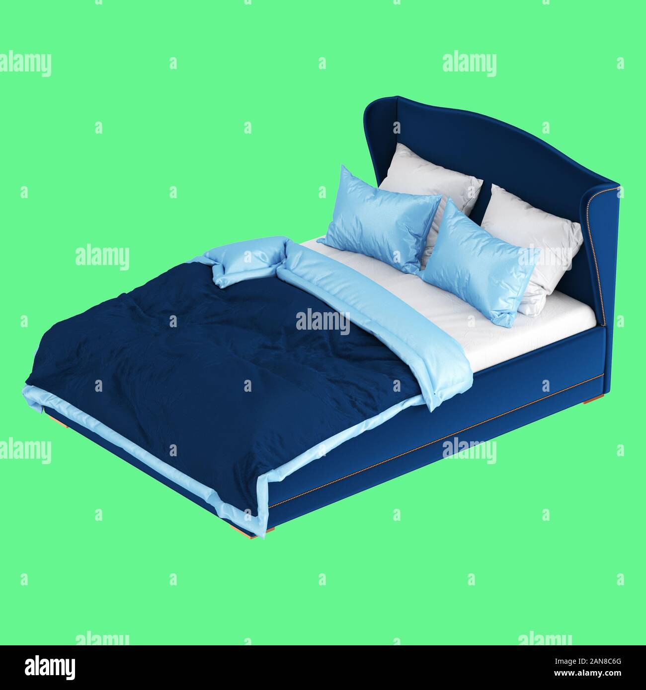 Un morbido blu letto matrimoniale con blu e lenzuola bianche su sfondo verde. Il rendering 3D Foto Stock