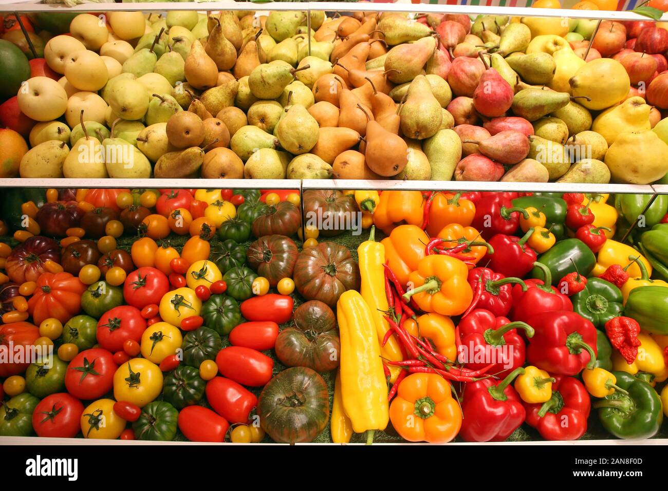 Berlino, Germania. 16 gennaio, 2020. Vari tipi di frutta e verdura saranno esposte nella sala del ministero federale dell'agricoltura durante la seconda giornata della stampa prima dell'inizio dell'International Settimana verde. Alla più grande fiera mondiale di prodotti alimentari, agricoltura e orticoltura si svolgerà dal 17 al 26 gennaio 2020. Credito: Wolfgang Kumm/dpa/Alamy Live News Foto Stock