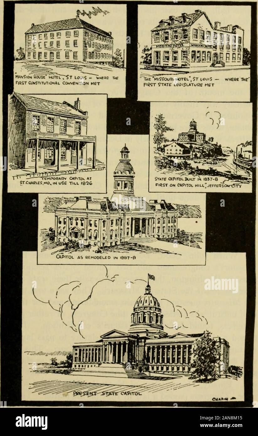 Una storia del Missouri e Missourians; un libro di testo per la categoria " A " di grado elementare, freshman high school e junior high school .. . Exander McNair, di San Louis, waselected governatore; William H. Ashley, luogotenente governatore; andJohn Scott, REP. Non vi erano politicalparties contrapposti. Ciascuno ha votato per l'uomo che piaceva di più. Politicalparties è arrivato più tardi nel Missouri. Il primo governo statale, 1820 Nel mese di settembre l'Assemblea Generale del Missouri (la gamba-islature) si sono incontrati a San Louis nel Missouri Hotel. GovernorMcNair e il luogotenente governatore Ashley ha prestato giuramento ofoffice. Uno dei più impo Foto Stock